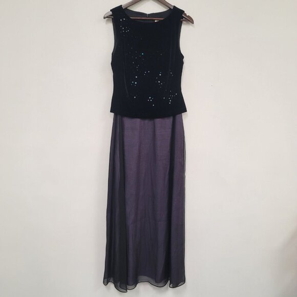 Vintage Jr Nites Caliendo Women Velvet Beaded Maxi Dress Size 10 Sheer Whimsical - Picture 1 of 10